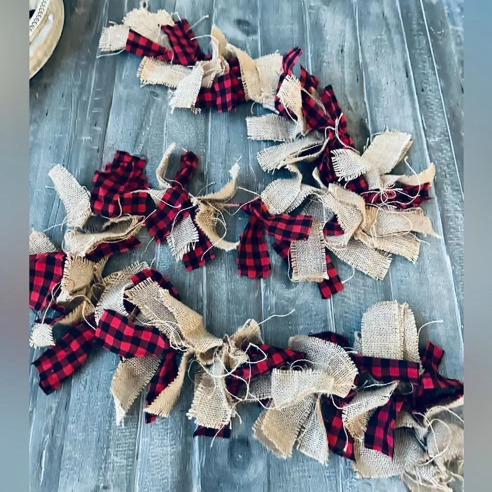 Burlap Plaid Christmas Holiday Farmhouse Fabric Rag Garland